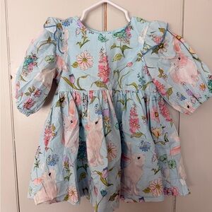 Pink Chicken Blue Floral Bunny Puff-Sleeve Dress